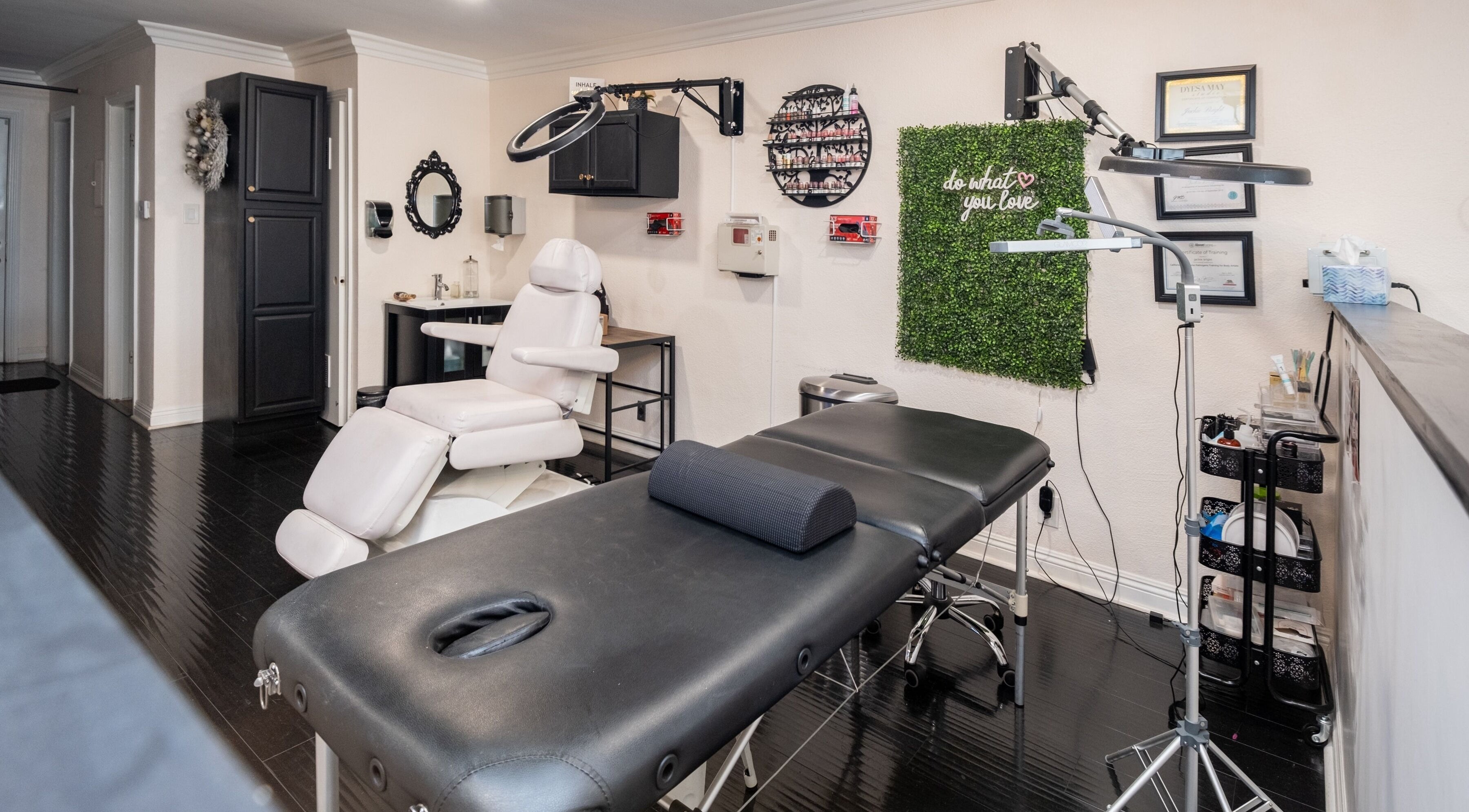 Interior of Bright Esthetics in Yucaipa, California, US featuring modern treatment tables and elegant decor.