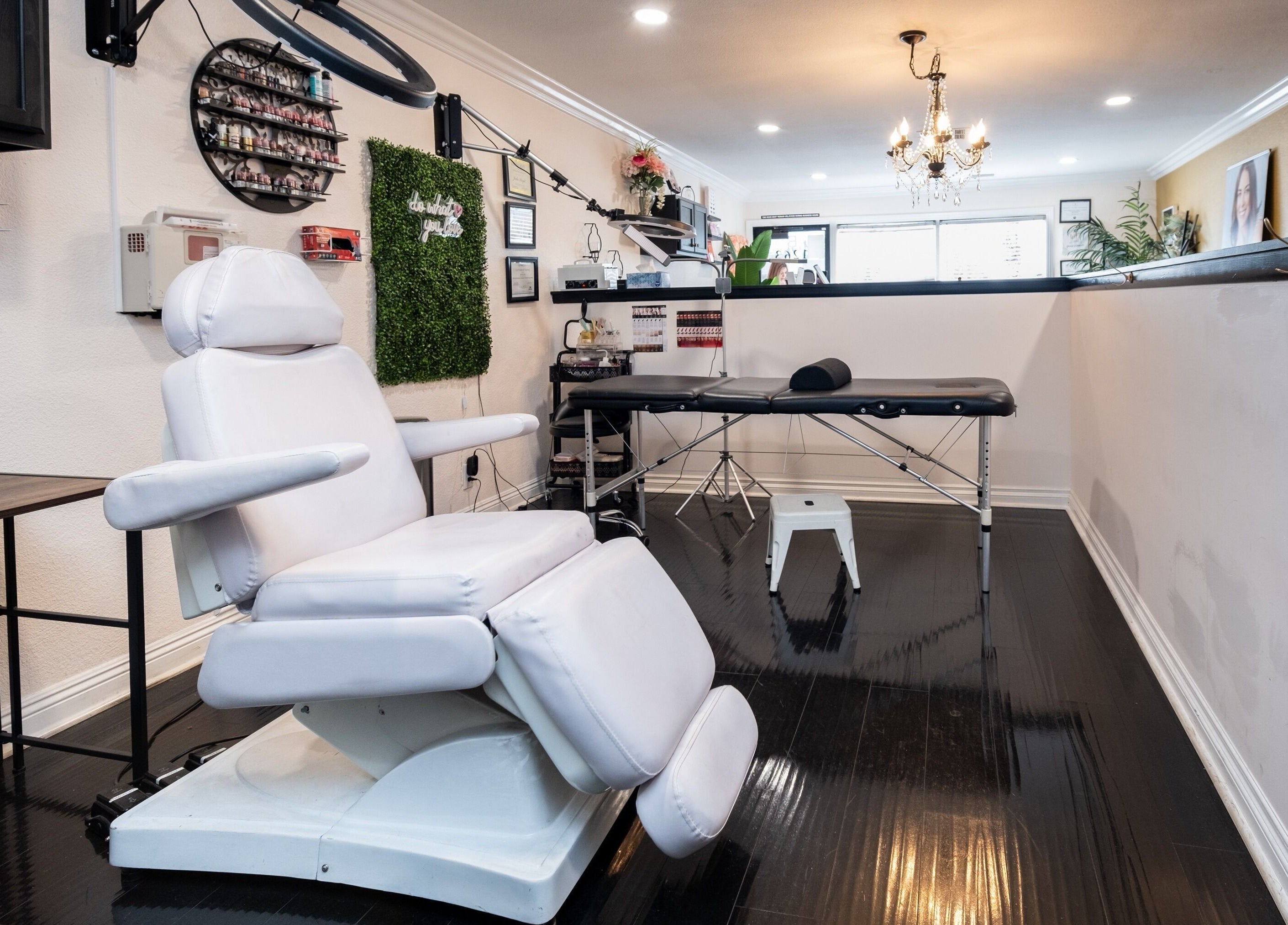 Chic treatment room at Bright Esthetics in Yucaipa, California, US, featuring a comfortable white chair.
