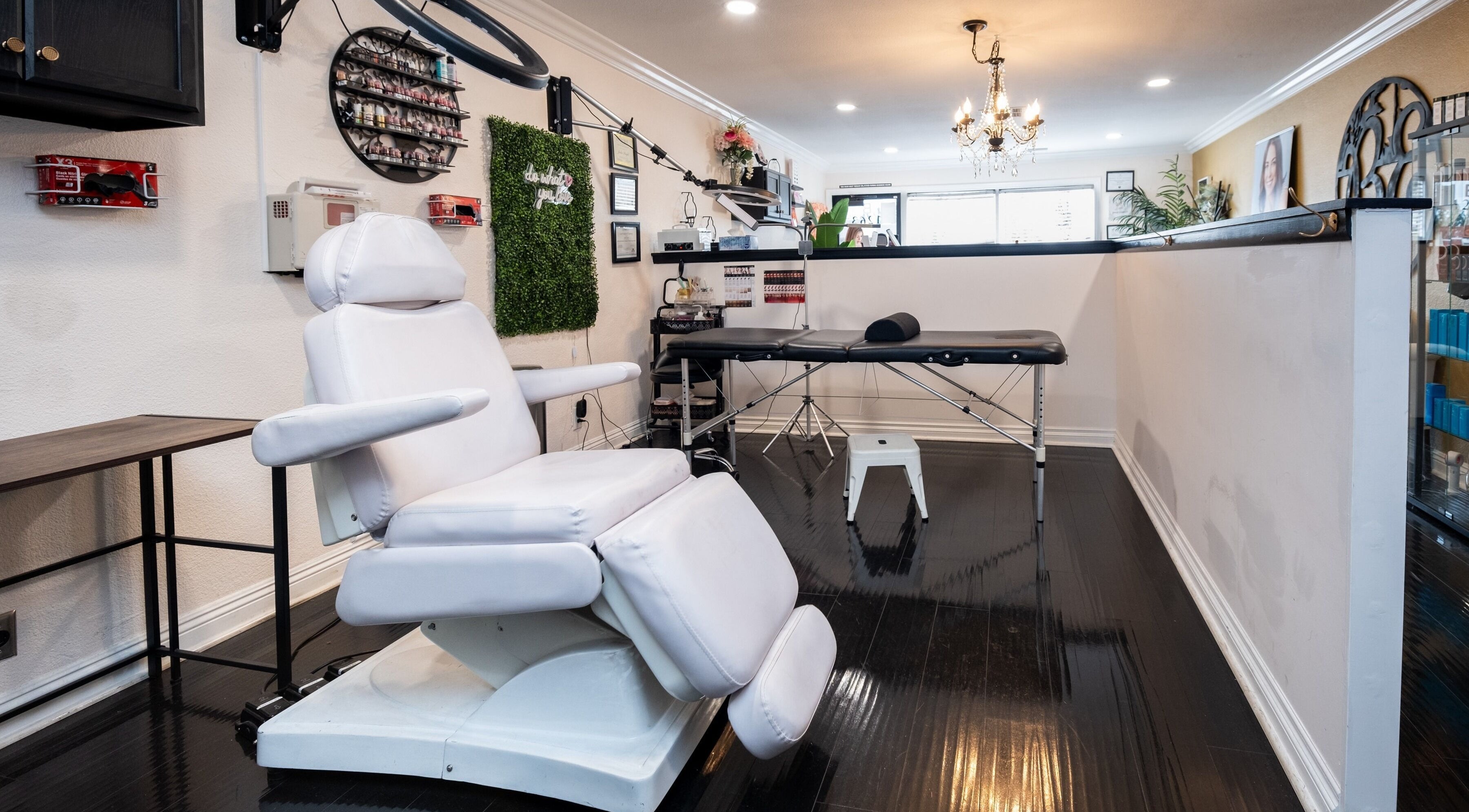 Chic treatment room at Bright Esthetics in Yucaipa, California, US, featuring a comfortable white chair.
