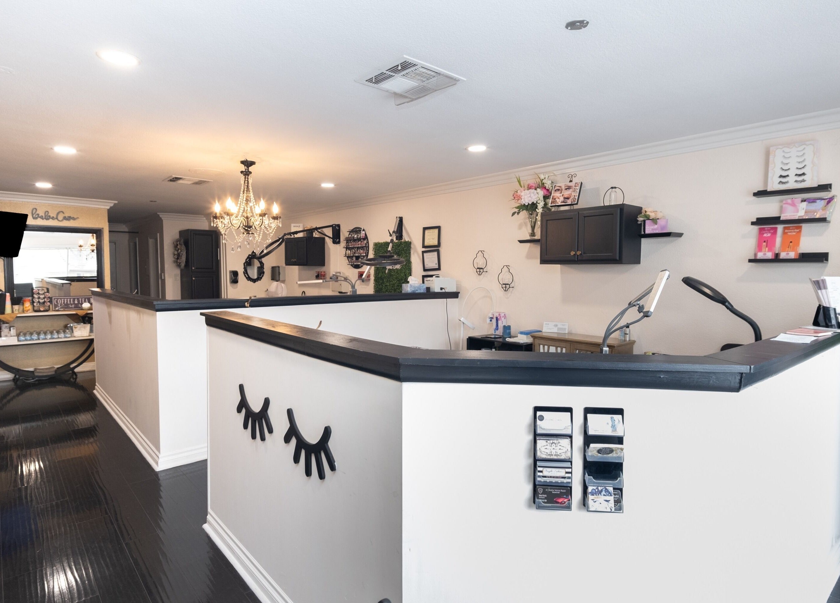 Chic reception area of Bright Esthetics in Yucaipa, California, US with modern furnishings and decor.