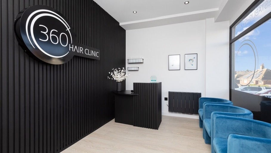 Modern reception area at 360 Hair Clinic in Brighton And Hove, England, GB with elegant decor.