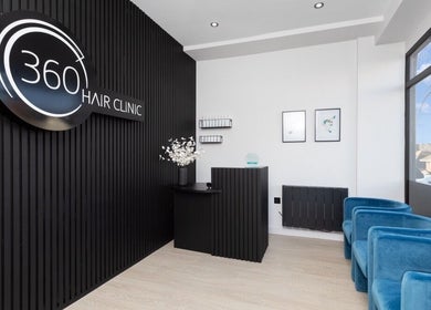 Modern reception area at 360 Hair Clinic in Brighton And Hove, England, GB with elegant decor.