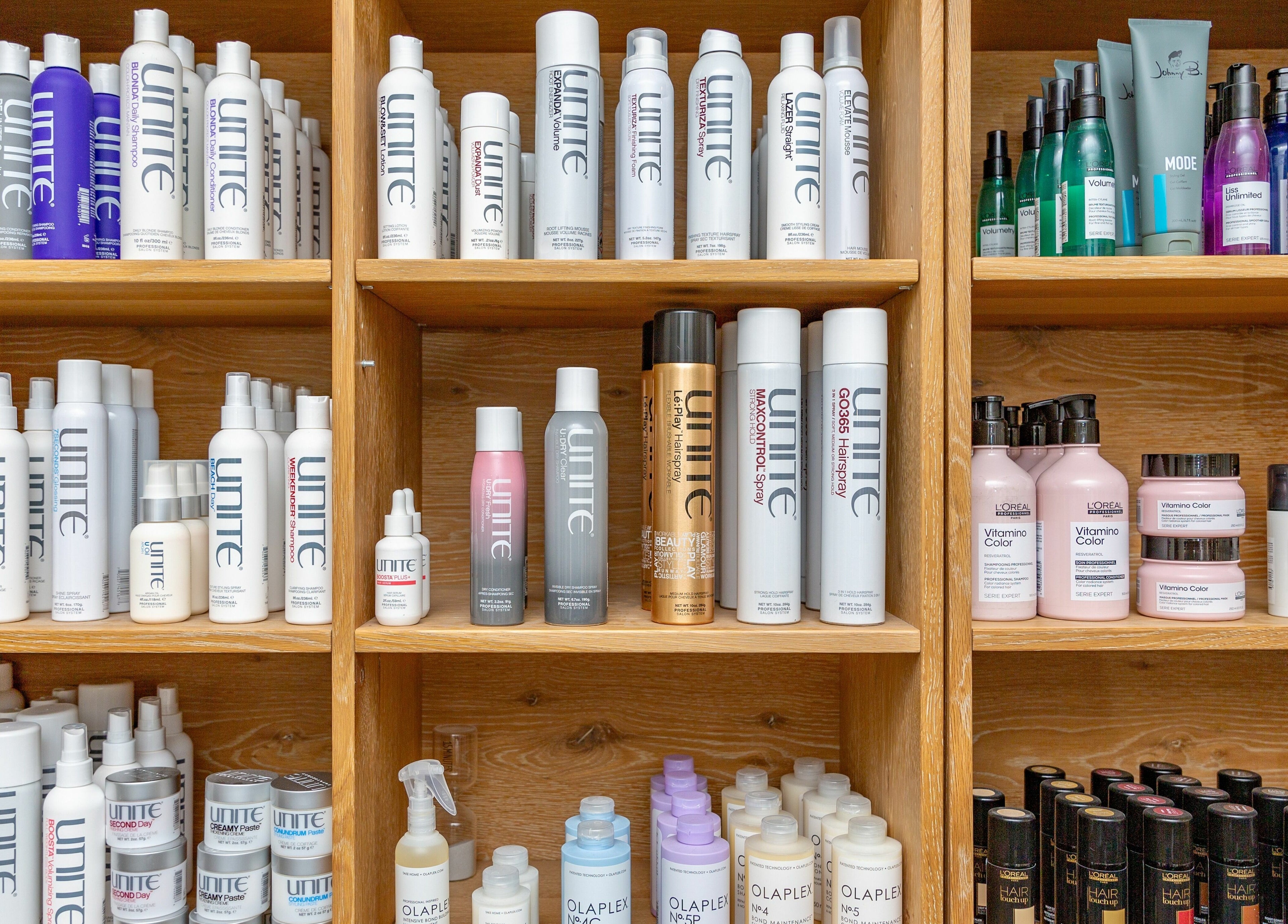 Shelves of premium hair care products at Salon Bloom Color and Co., Glenshaw, Pennsylvania, US.