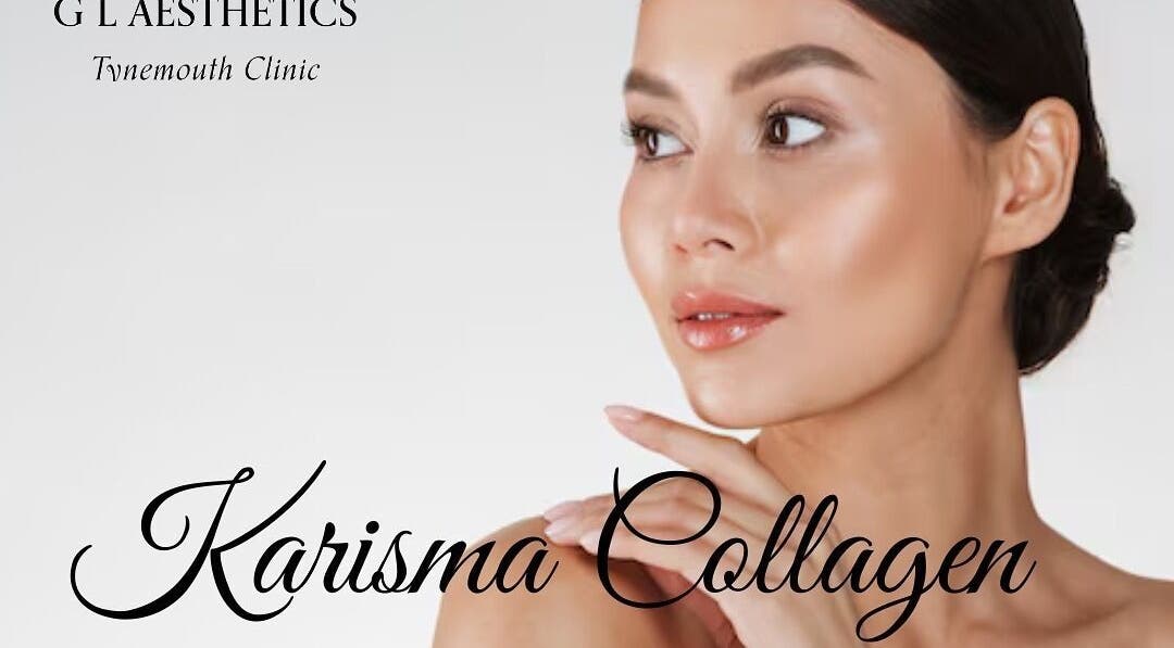 Close-up of a woman's glowing skin promoting Karisma Collagen at G L Aesthetics, Tynemouth, England, GB.
