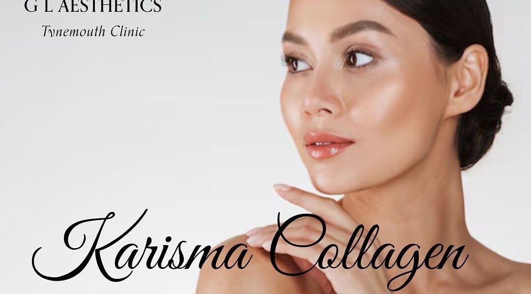 Close-up of a woman's glowing skin promoting Karisma Collagen at G L Aesthetics, Tynemouth, England, GB.