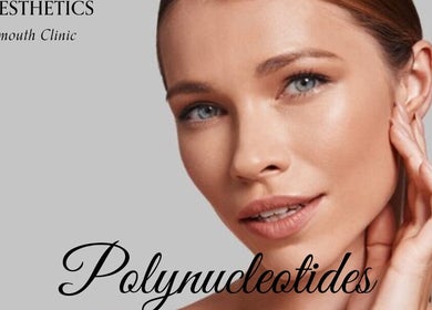 Woman’s flawless skin showcased at G L Aesthetics in Tynemouth, England, GB with the word Polynucleotides.