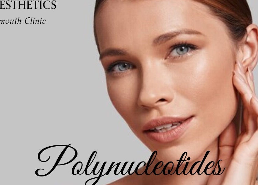 Woman’s flawless skin showcased at G L Aesthetics in Tynemouth, England, GB with the word Polynucleotides.