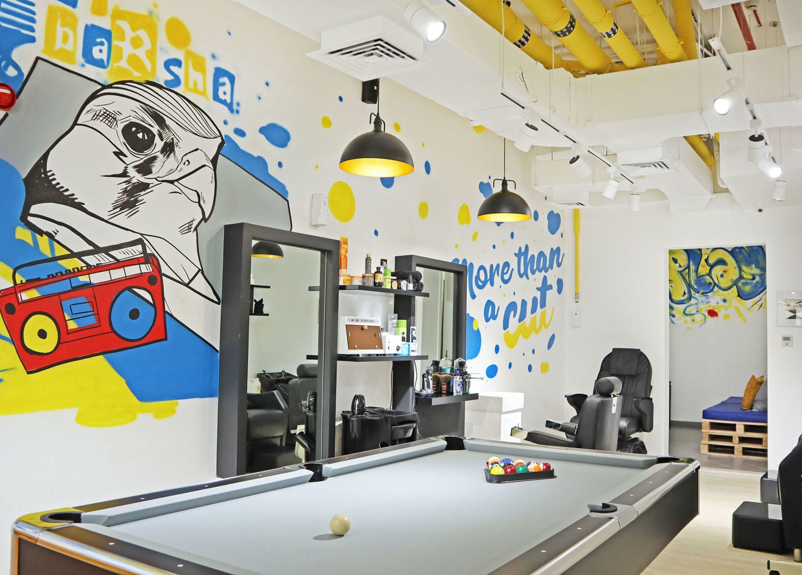 Modern interior with wall art at Fade & Play - Al Barsha, Dubai, Dubai, AE featuring a pool table.