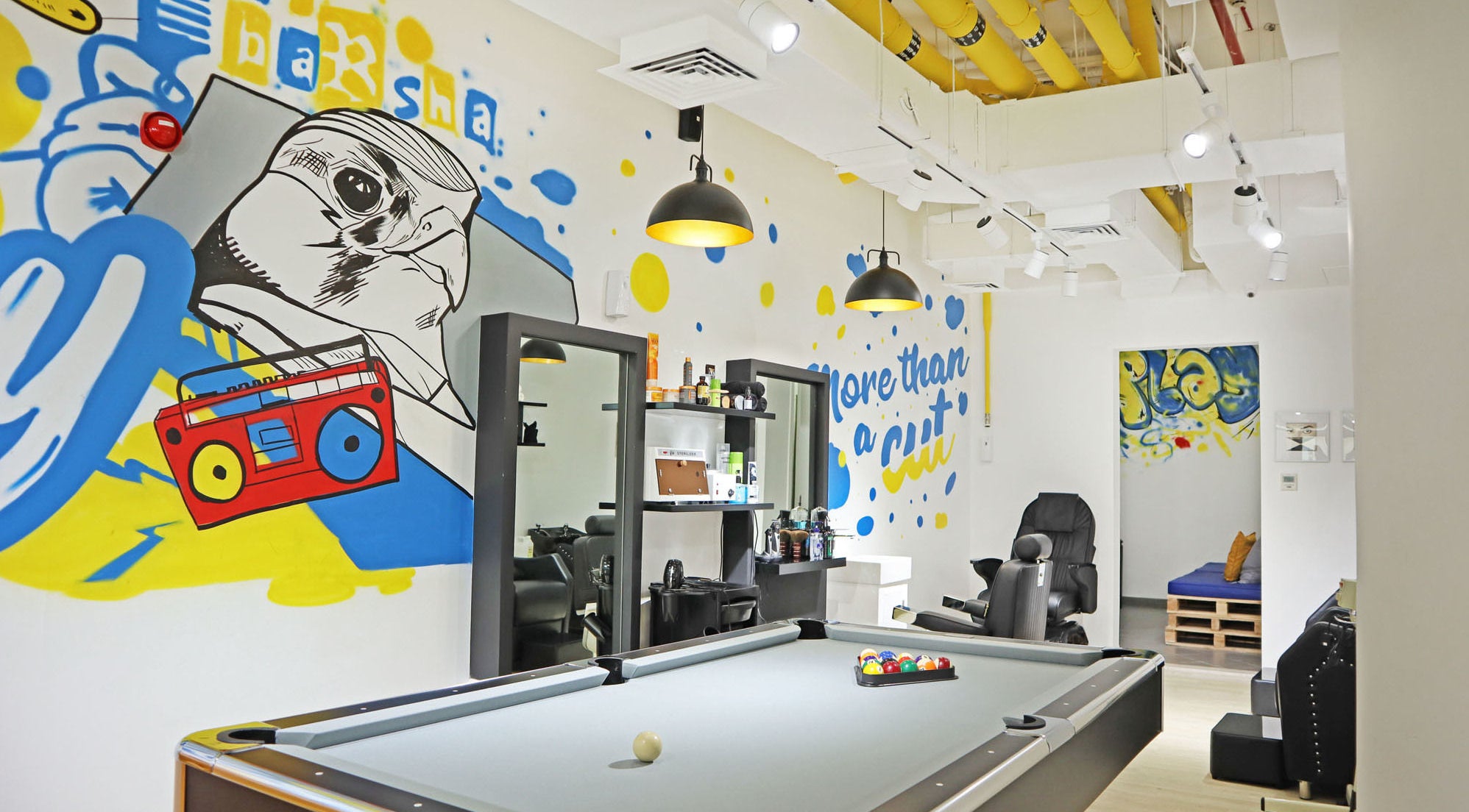 Modern interior with wall art at Fade & Play - Al Barsha, Dubai, Dubai, AE featuring a pool table.