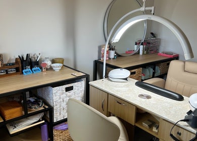 Nail station at Sarah’s House of Beauty, Killarney Vale, New South Wales, AU, showcasing a modern, tranquil setup.