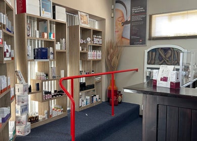 Product shelves at Salon Elkana Health and Beauty in Vredendal, Western Cape, ZA.