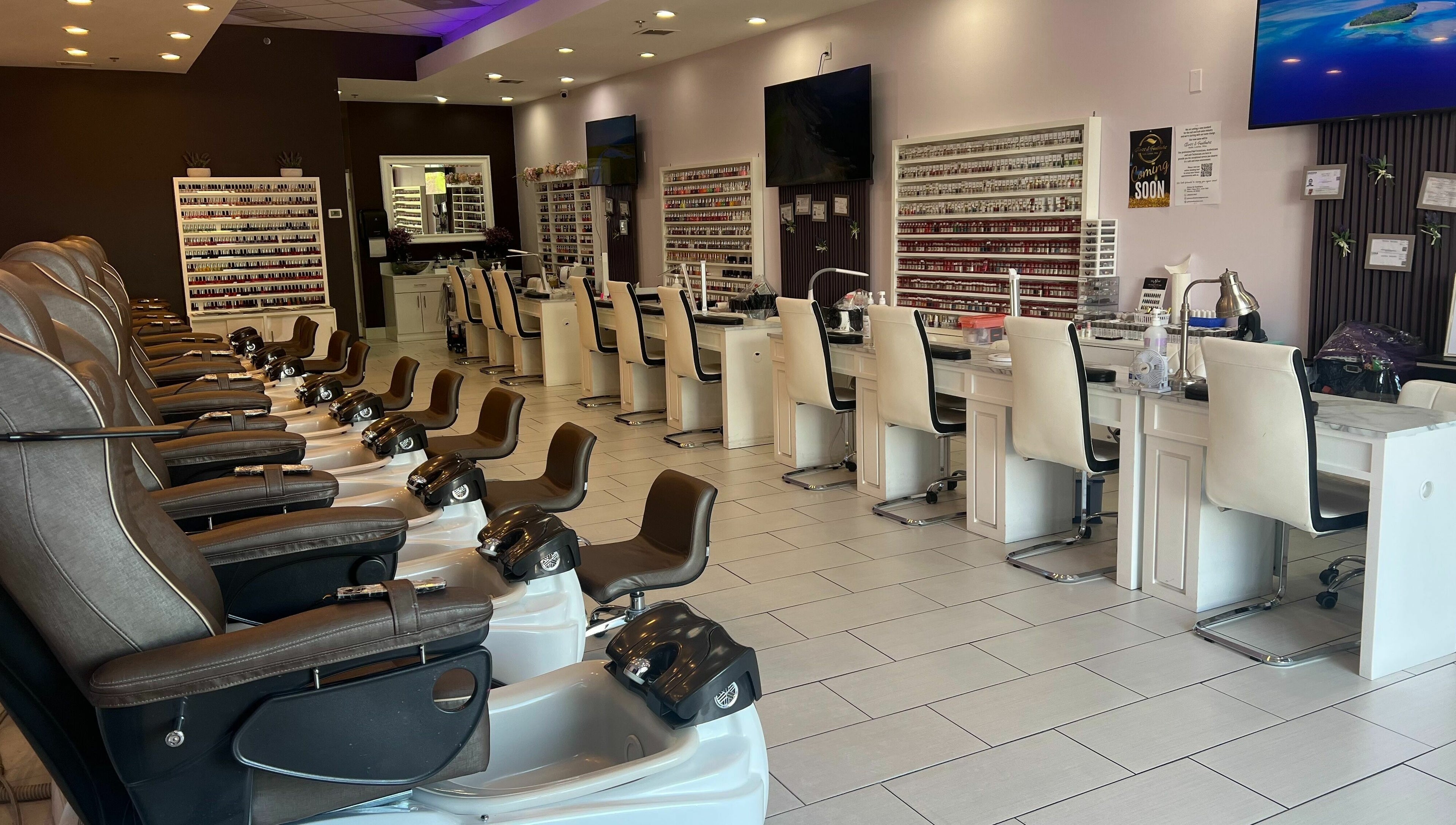 Elegant salon interior at Gloss and Feathers (Nails. Lashes. Wax.) in Phoenix, Arizona, US.