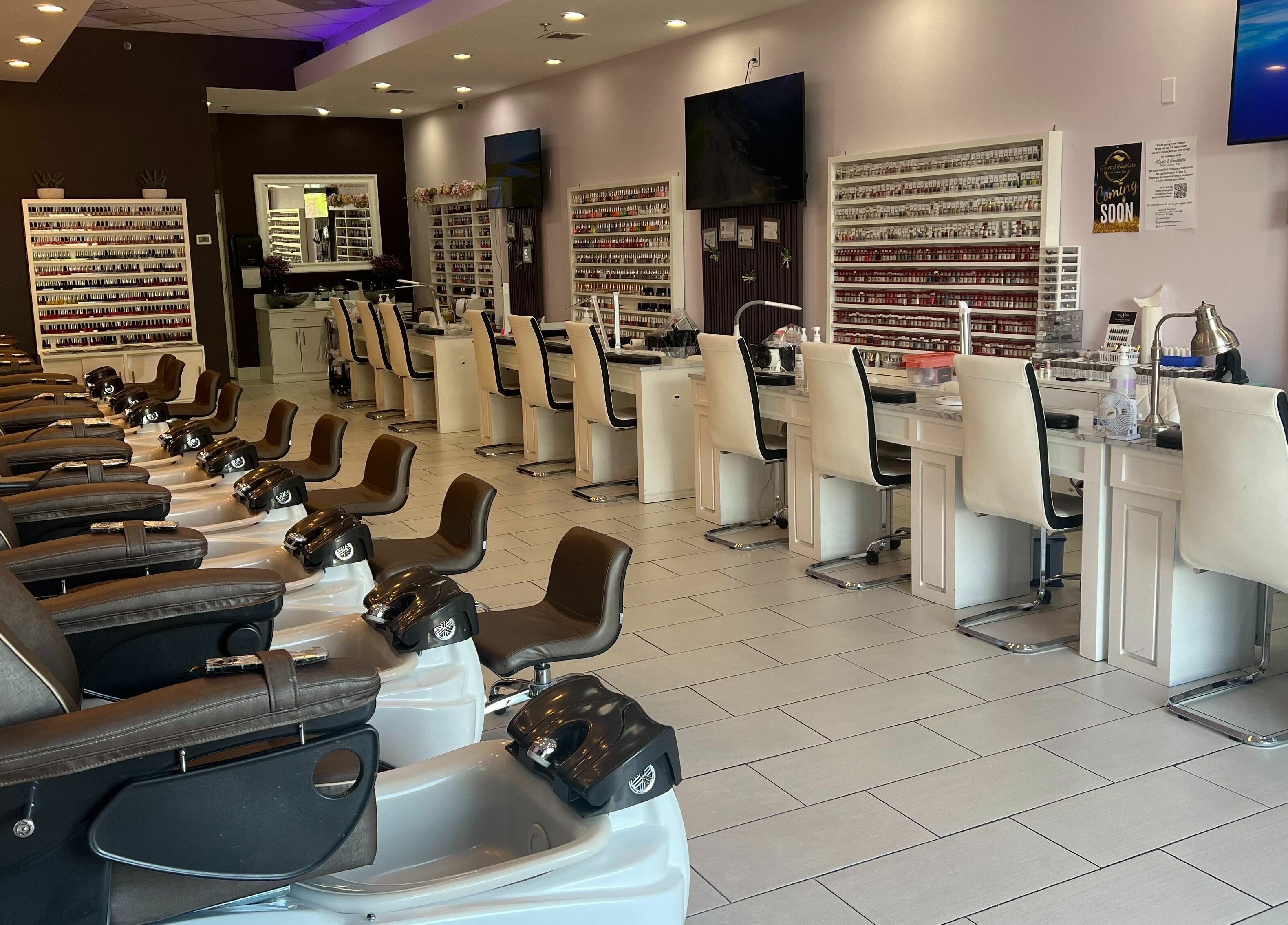 Elegant salon interior at Gloss and Feathers (Nails. Lashes. Wax.) in Phoenix, Arizona, US.