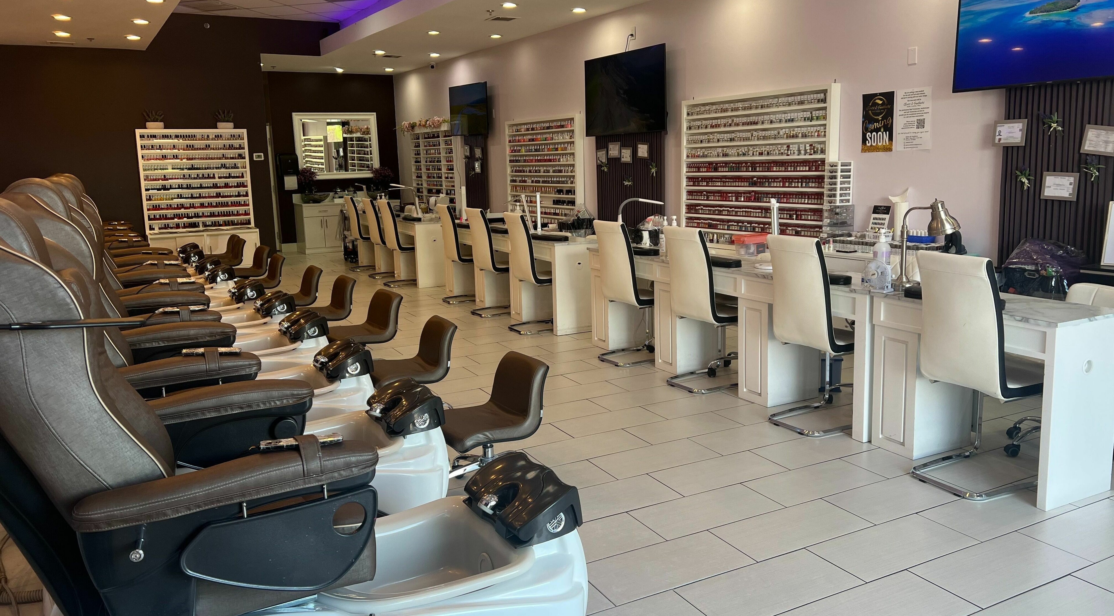 Elegant salon interior at Gloss and Feathers (Nails. Lashes. Wax.) in Phoenix, Arizona, US.