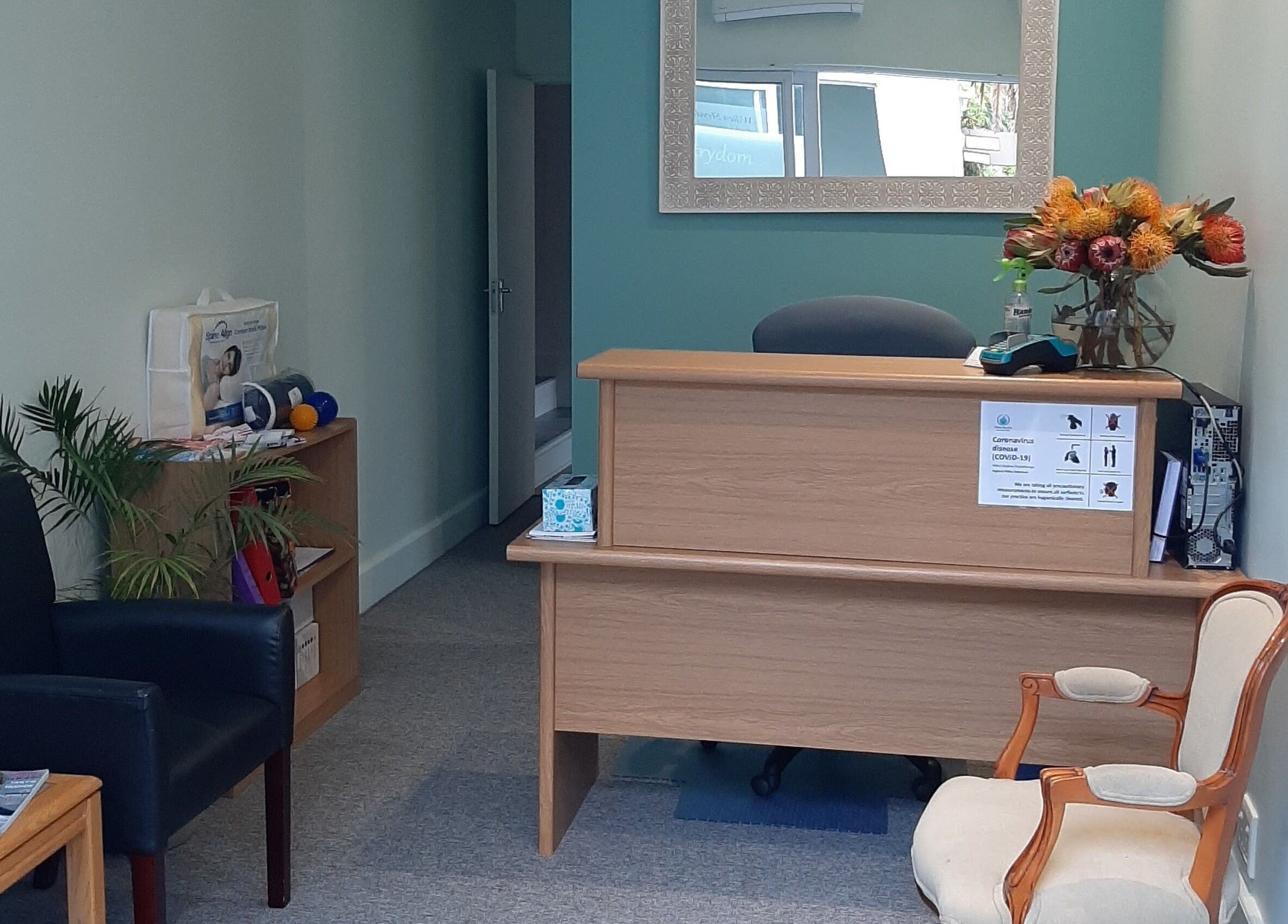 Welcoming reception area at Wilien Strydom Physiotherapy, Somerset West, Western Cape, ZA with cozy seating.