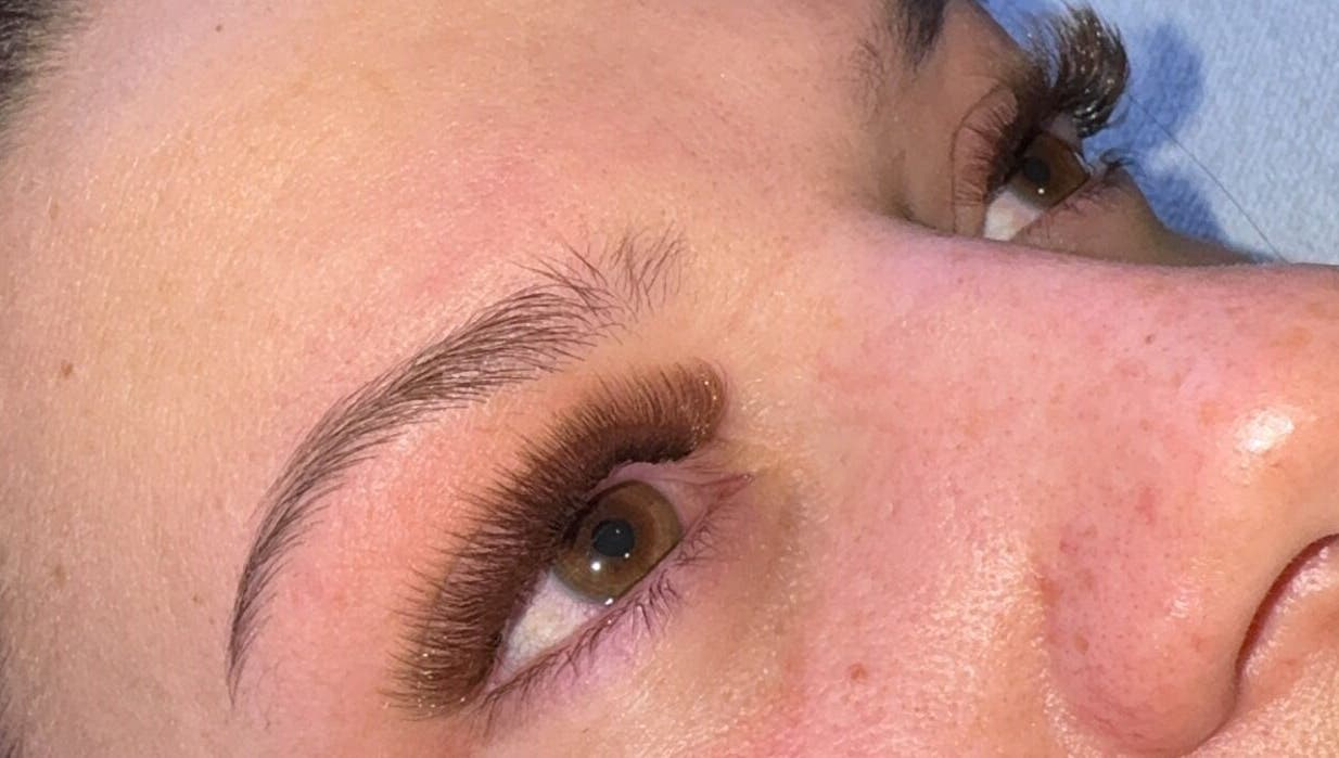 Close-up of expertly styled lashes at Amie J - Lash & Brow artist, Melbourne, Victoria, AU.