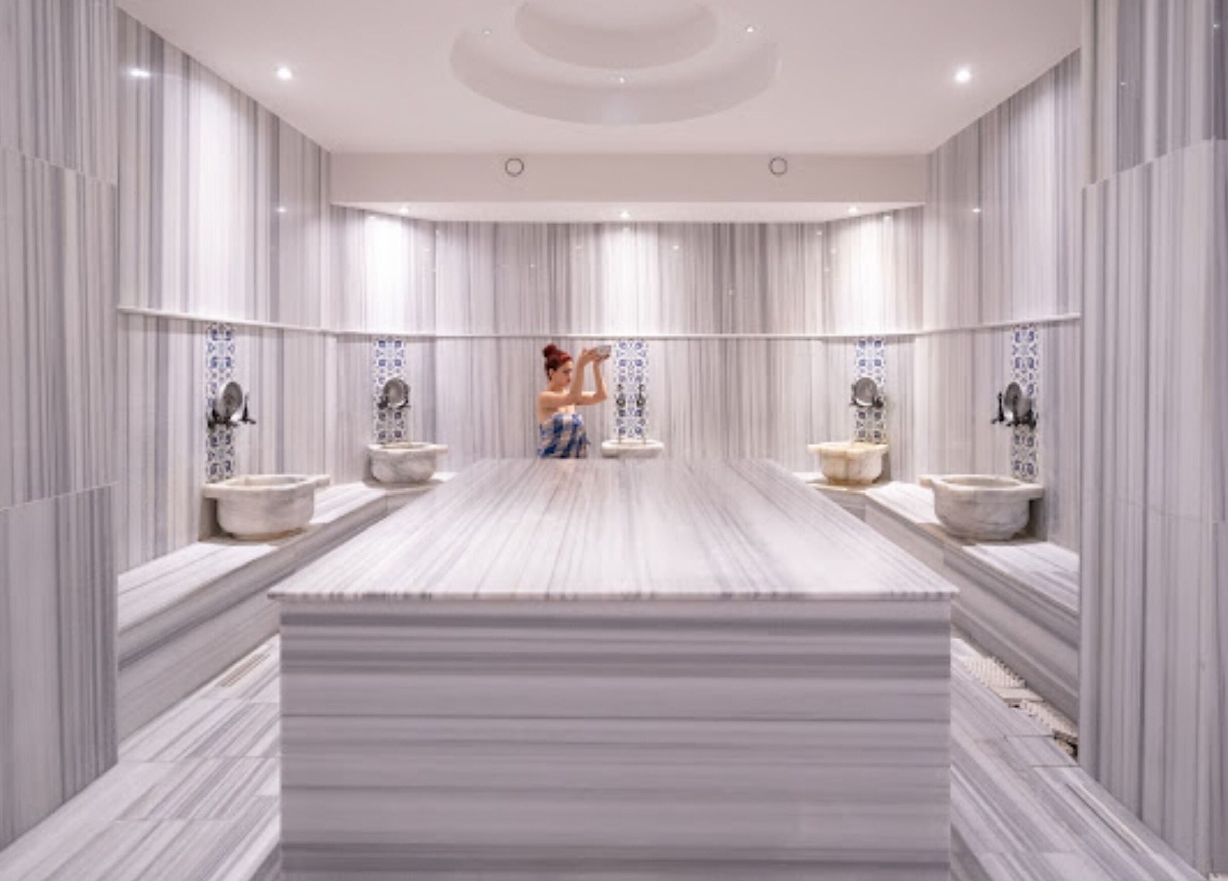 Luxurious hammam at Musho Spa Wellness Center BEHU in Balıkesir, Balıkesir, TR with elegant marble design.
