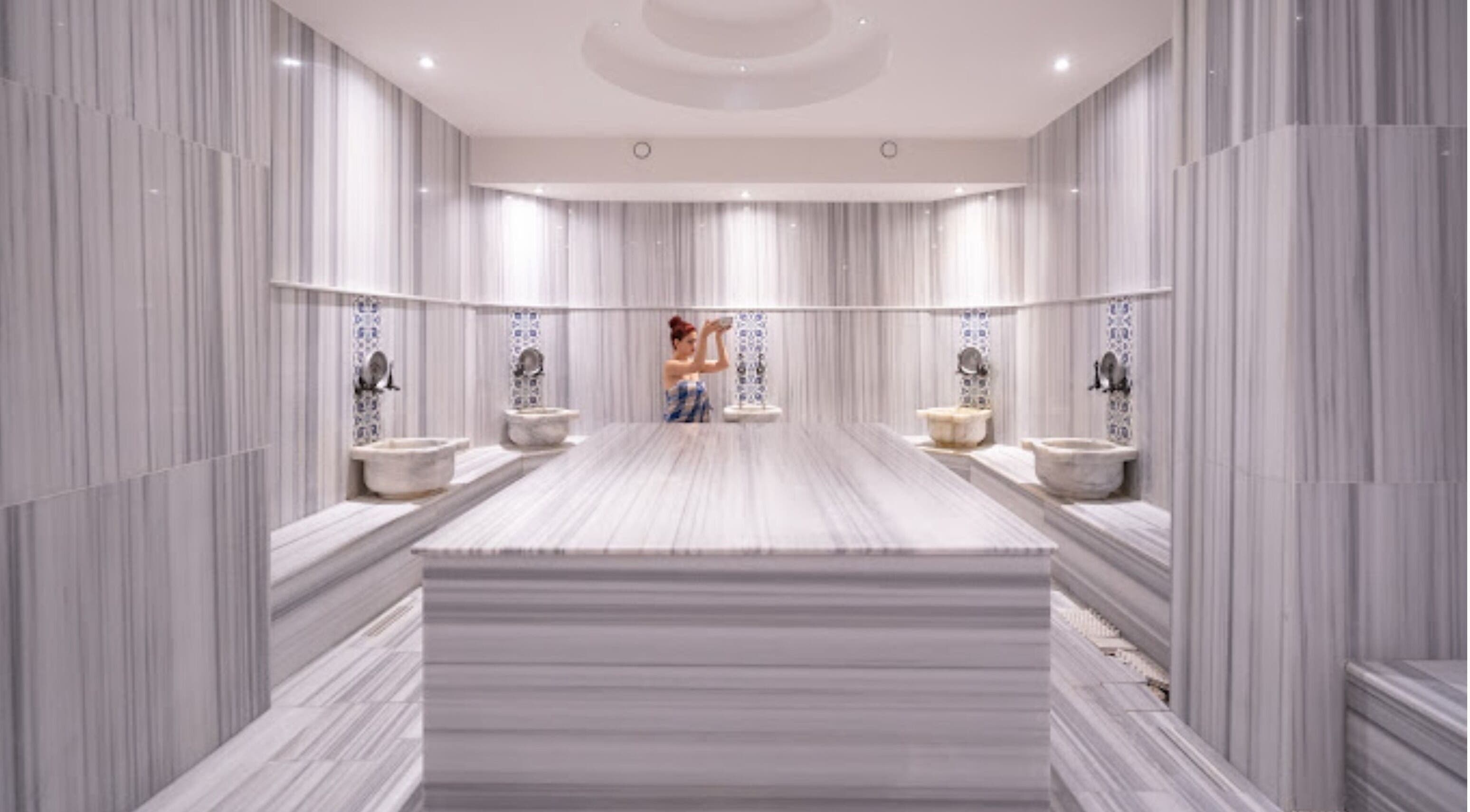 Luxurious hammam at Musho Spa Wellness Center BEHU in Balıkesir, Balıkesir, TR with elegant marble design.