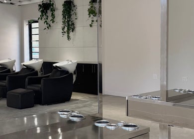 Modern wash stations at Honeycomb Hair Lounge, Regina, Saskatchewan, CA, featuring sleek design and greenery.