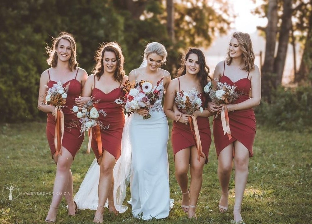 Bridesmaids with bride in lush garden at Go Brown Vredekloof Studio, Brackenfell, Western Cape, ZA