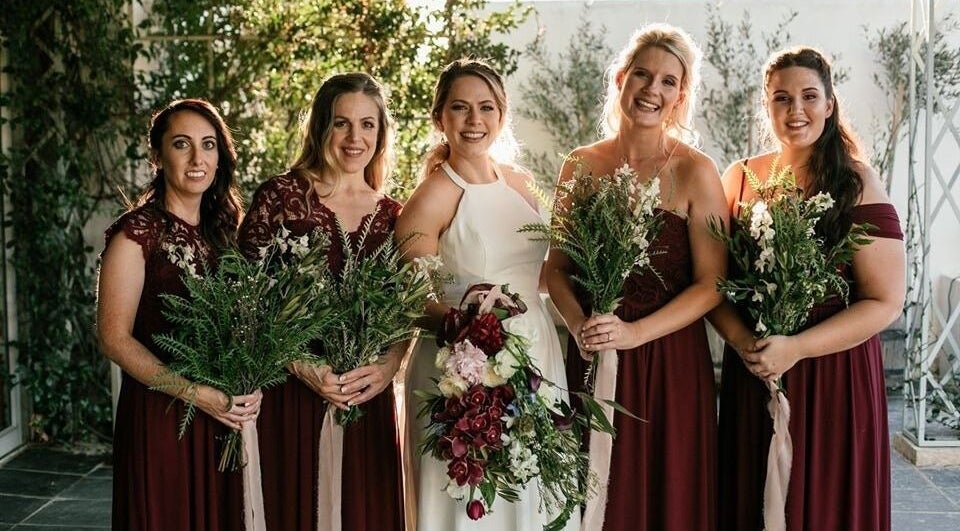Elegant bridal party with bouquets at Go Brown Durbanville Studio, Durbanville, Western Cape, ZA.