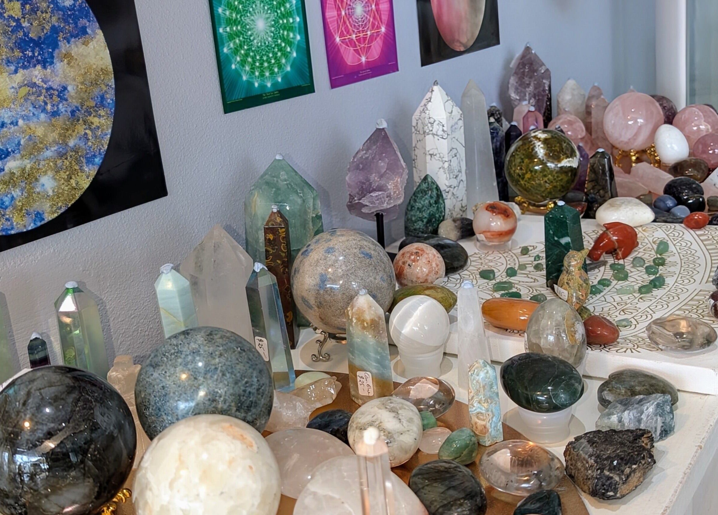 Healing crystals display at The Healing Cottage, Palm Beach, Queensland, AU offering tranquility and energy balance.