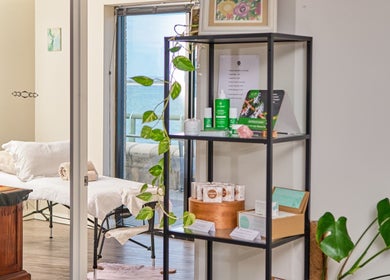 Relaxing massage room at My Balance Massage, Withers, Western Australia, AU, showcasing cozy table and natural decor.