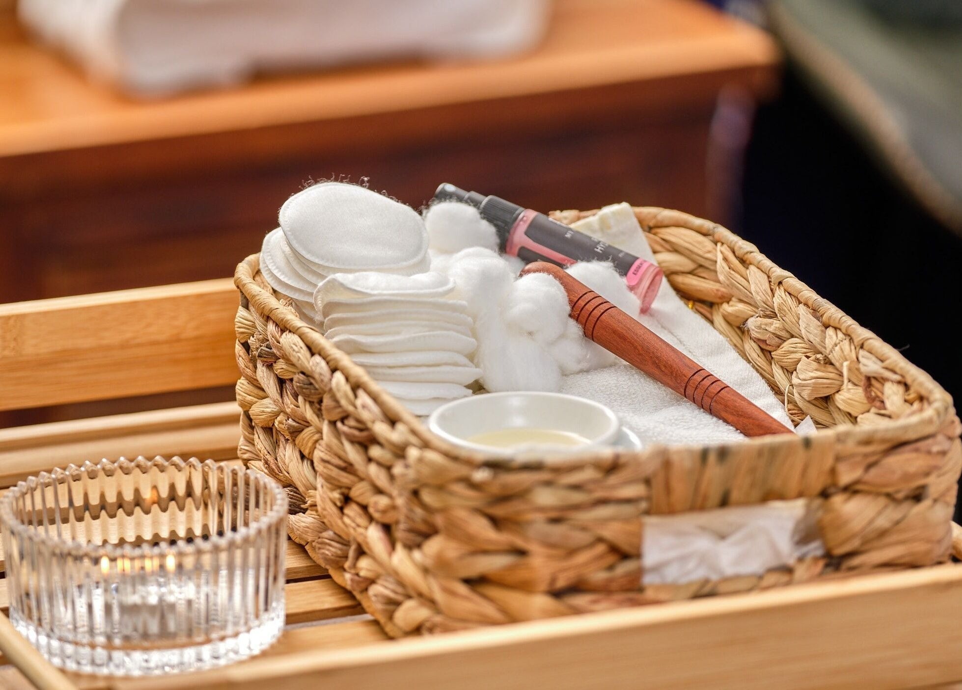 A woven basket with spa essentials at My Balance Massage, Withers, Western Australia, AU.
