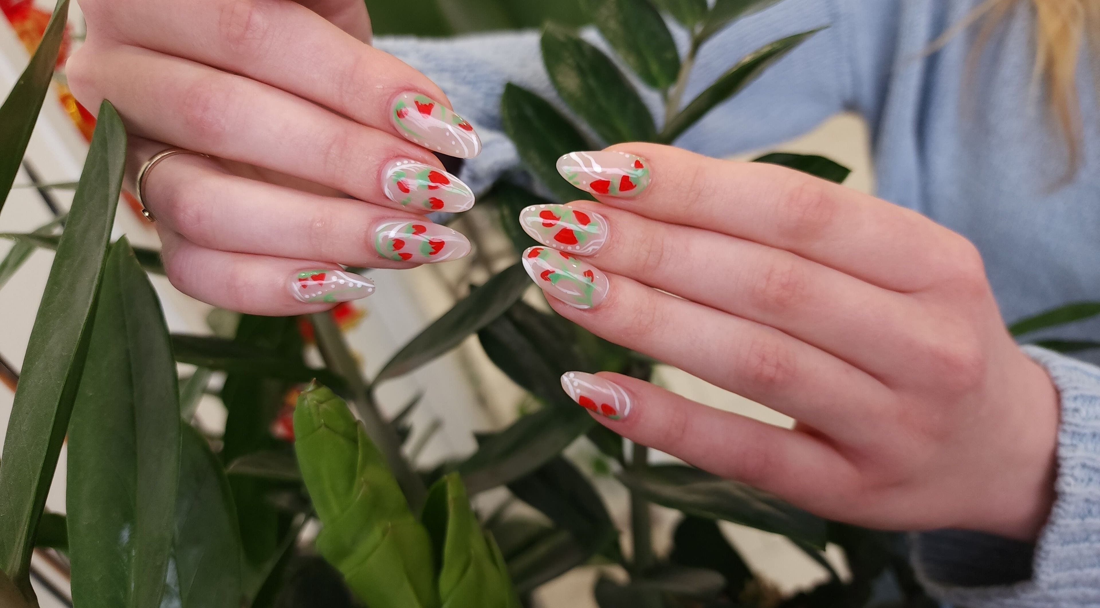 Floral nail art design at Serena Nails and Spa in Burlington, Massachusetts, US.