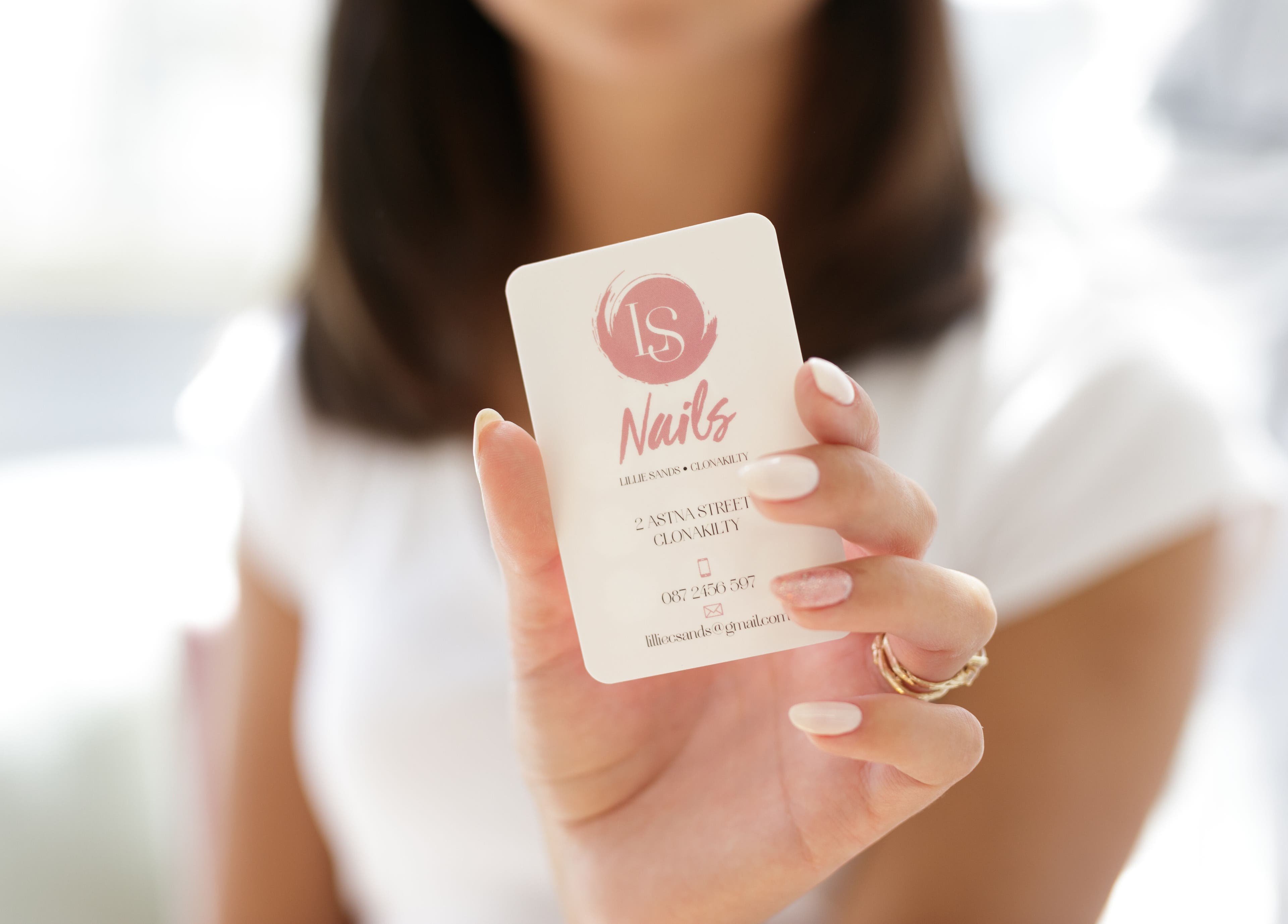 Business card for LS Nails showcasing their Clonakilty, County Cork, IE location in an elegant hand.