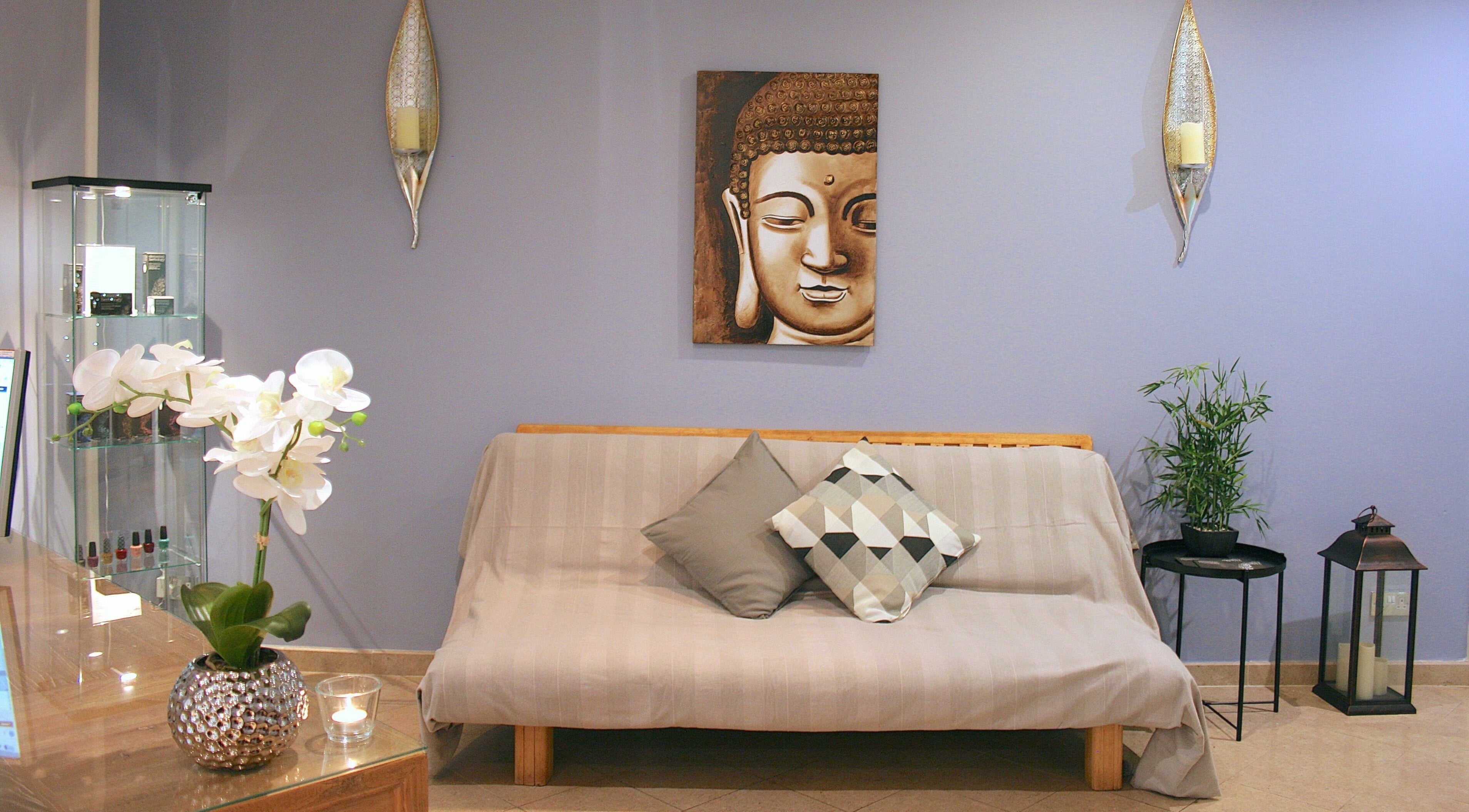 Calm lounge with Buddha art at The Spa at St Giles, Norwich, England, GB.