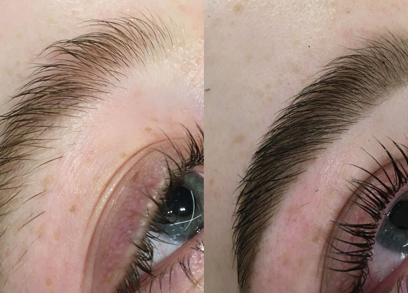 Before and after brow treatment at Kath Mulhall Brows in Dublin, County Dublin, IE showcasing precise enhancement.