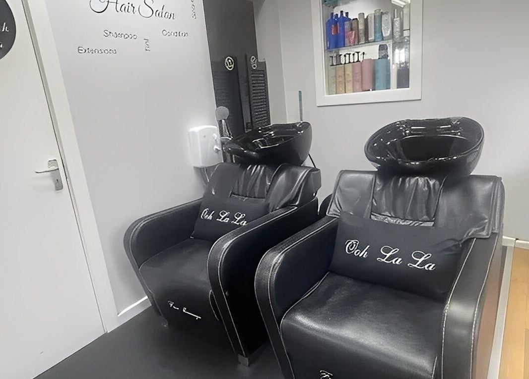 Luxurious hair washing stations at Hair By Ooh La La, Witham, England, GB, showcasing elegant salon design.