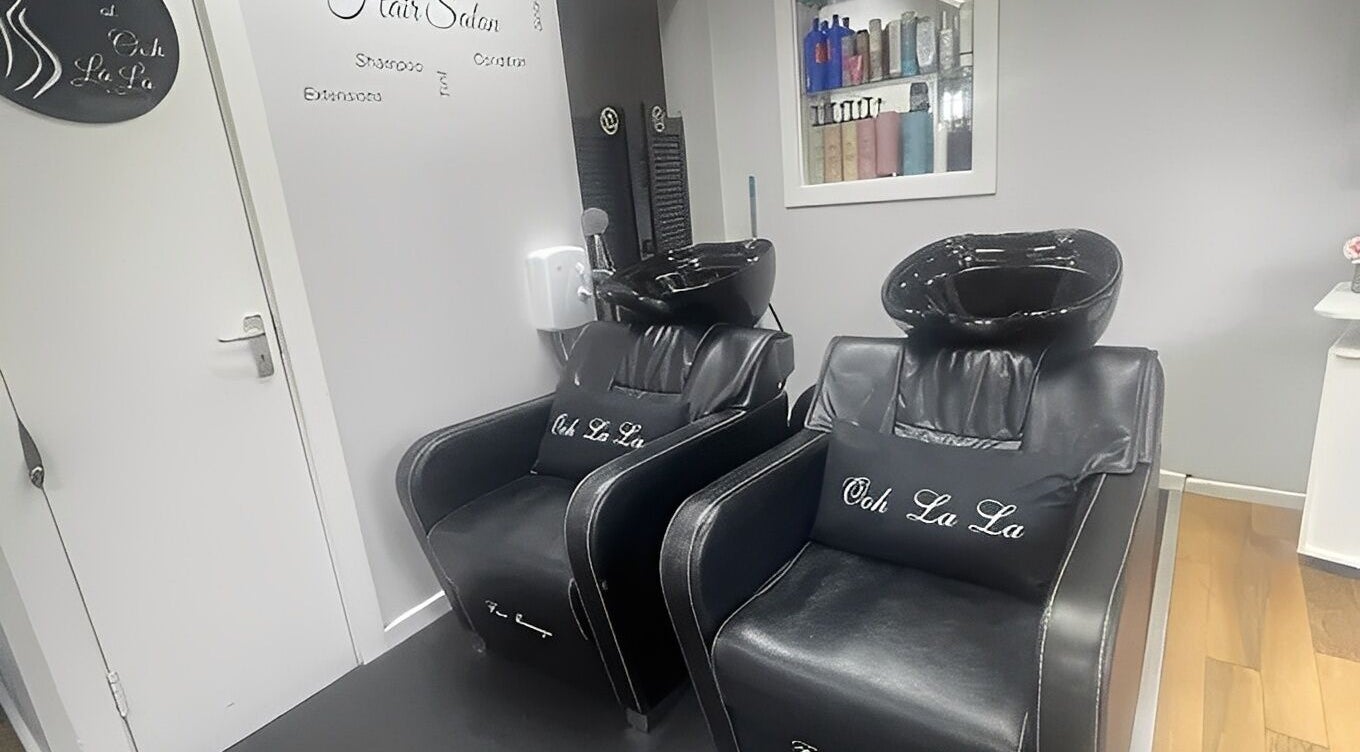 Luxurious hair washing stations at Hair By Ooh La La, Witham, England, GB, showcasing elegant salon design.