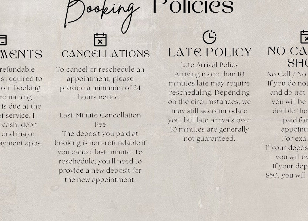 Booking policies at JARO LASHPIRE®️, Yuba City, California, including payment, cancellation, and late policies.