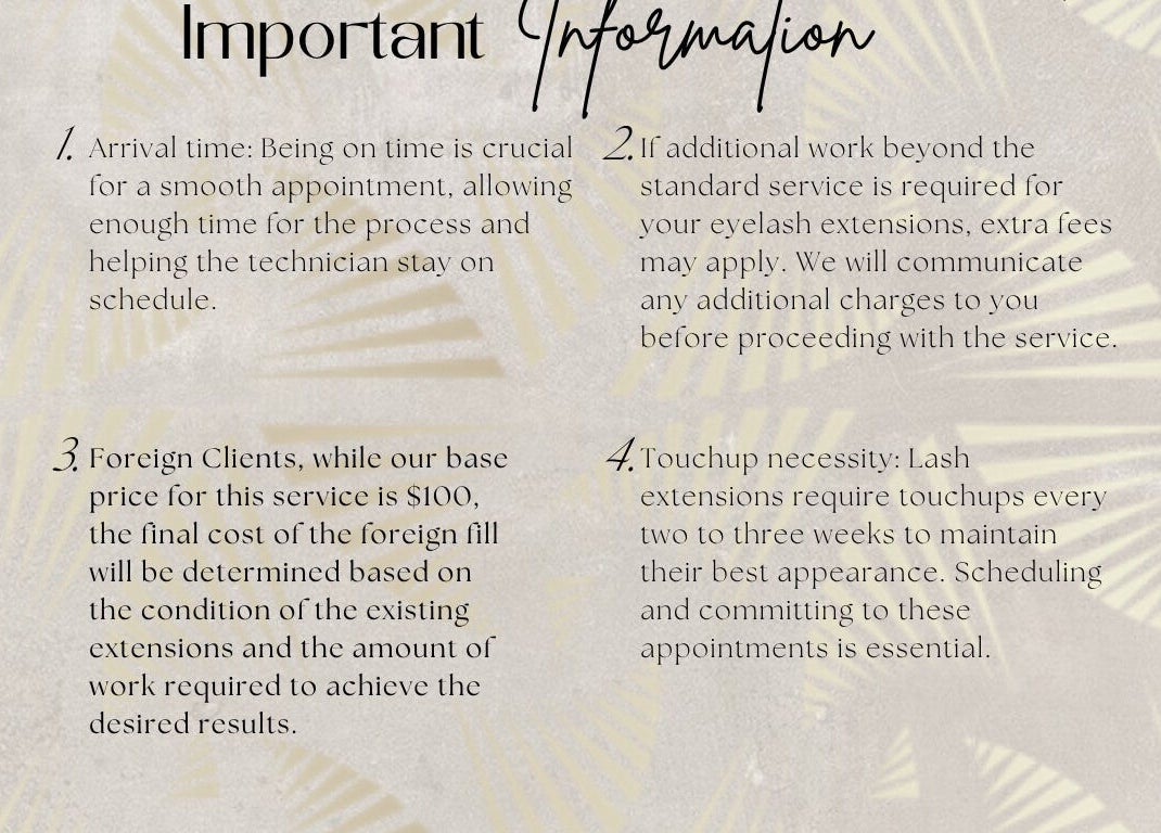 Important information card from JARO LASHPIRE®️ in Yuba City, California, US detailing appointment guidelines.