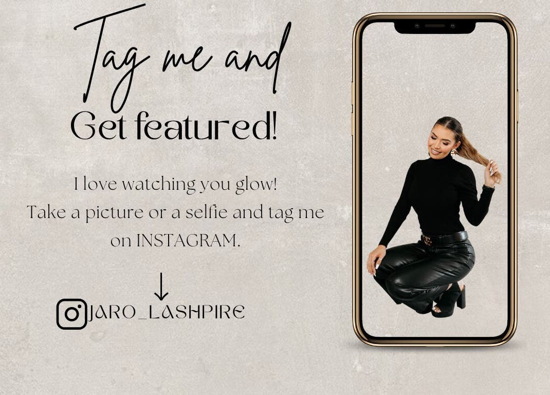 Promotional graphic with a woman on a phone screen at JARO LASHPIRE®️, Yuba City, California, US.