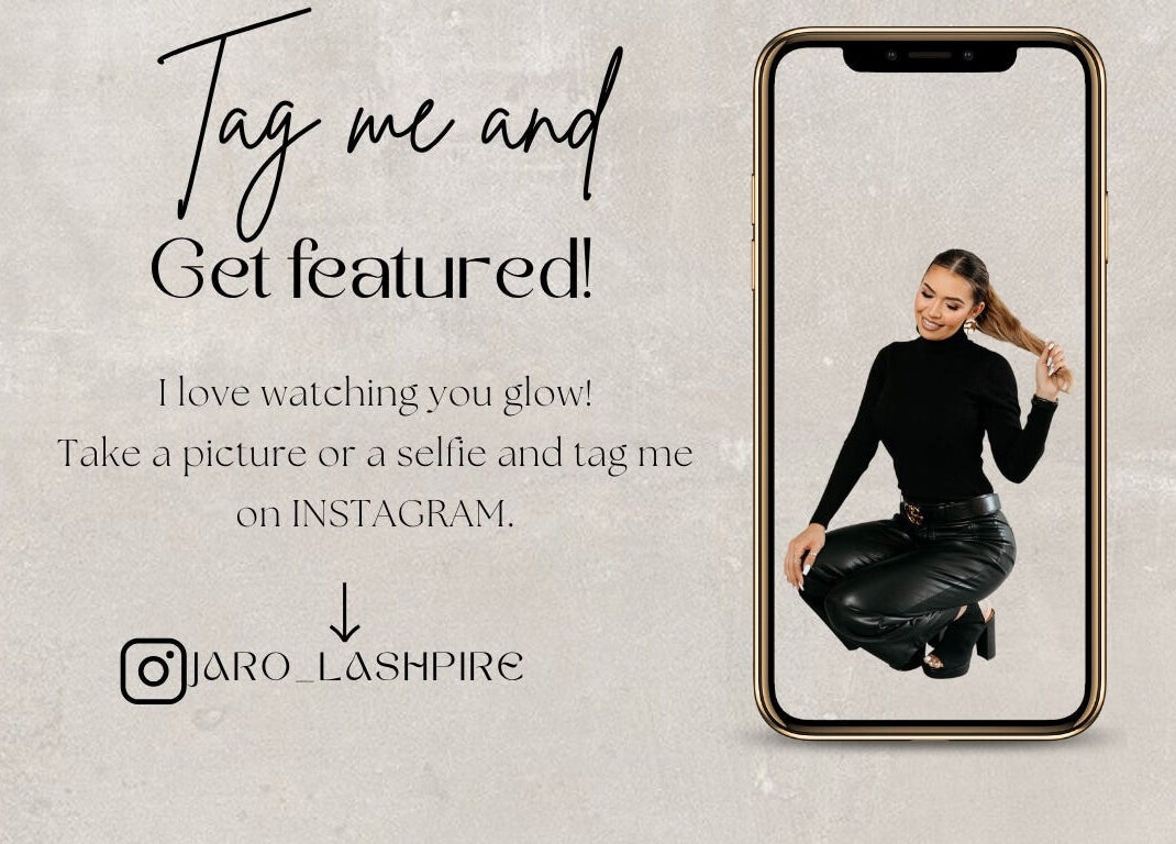 Promotional graphic with a woman on a phone screen at JARO LASHPIRE®️, Yuba City, California, US.