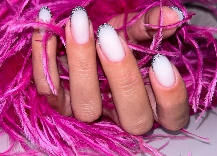 Elegant manicure with rhinestones at Beauty Hunters The Pearl, Doha, QA.