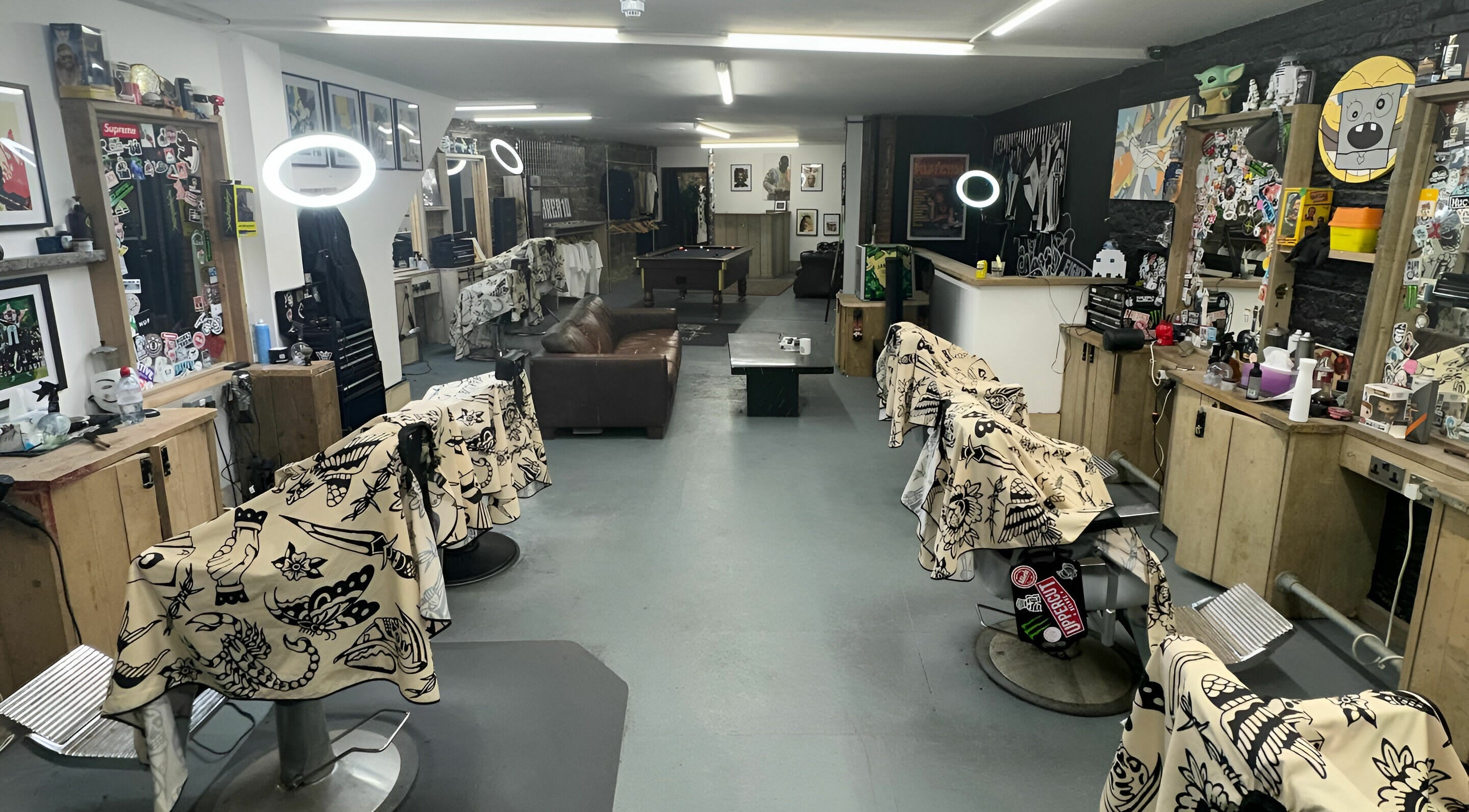 Interior of Area10 Barbers in Newcastle upon Tyne, England, GB, showcasing a modern barber setup.