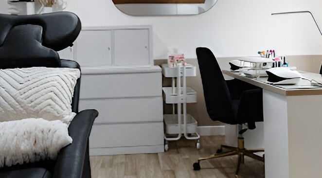 Elegant nail salon setup at Justinas Nails in Truro, England, GB. Modern chair, desk, and accessories.