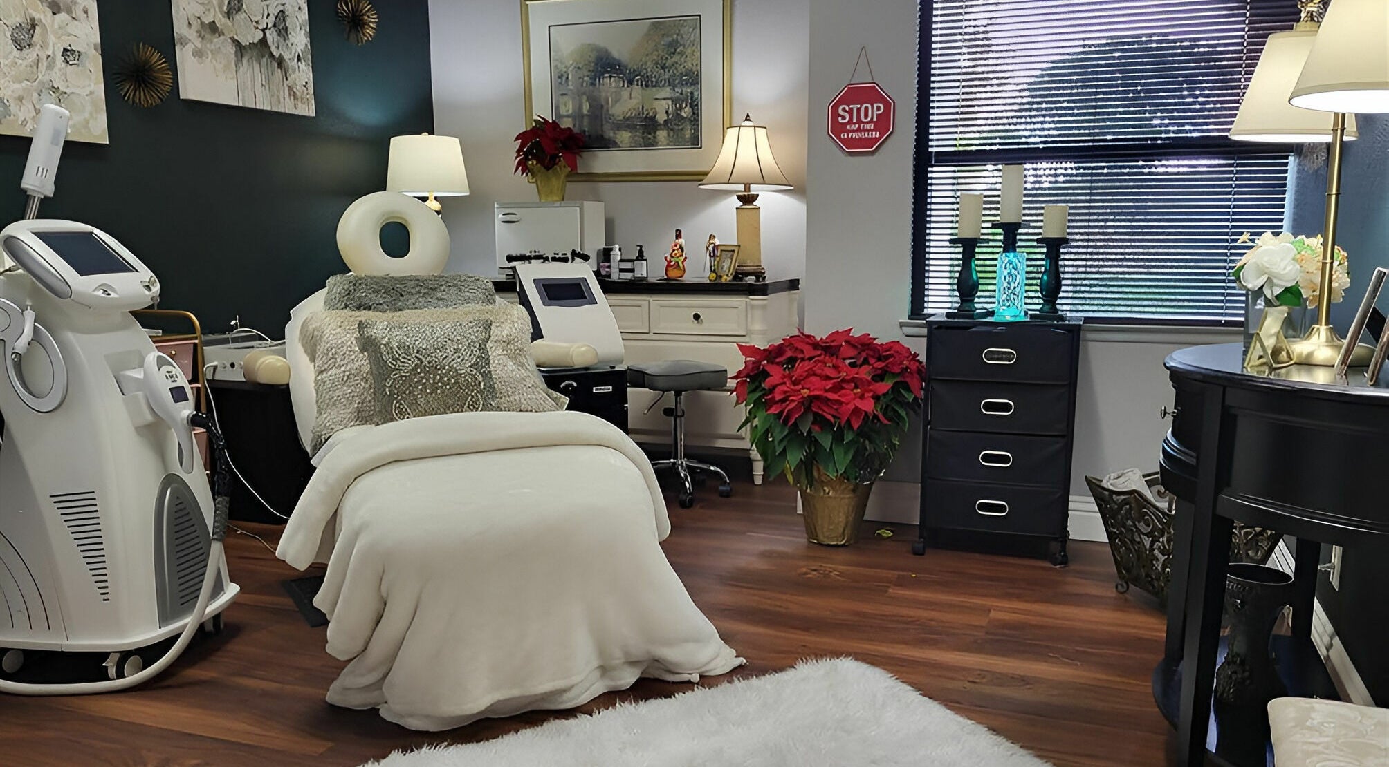 Cozy treatment room at Beauty By Design, Temecula, California, US with equipment and elegant decor.