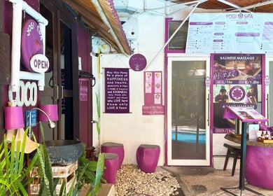 Yogi Spa entrance with vibrant decor in Bali, Bali, ID, showcasing welcoming ambiance and massage offerings.