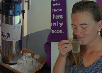 Guest enjoying ginger tea at Yogi Spa, Bali, Bali, ID for relaxation and wellness.