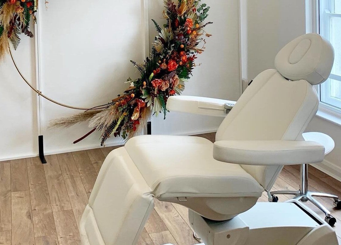 Relaxing beauty chair with floral decor at Flawless By Ffion, Abergavenny, Wales, GB.