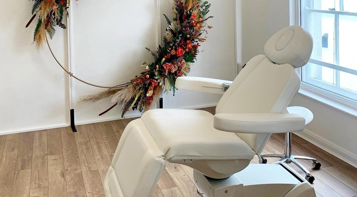Relaxing beauty chair with floral decor at Flawless By Ffion, Abergavenny, Wales, GB.