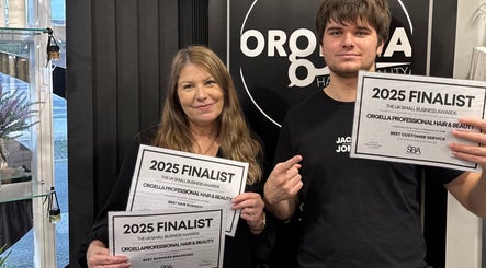Orgella Hair & Beauty in Easingwold, England showcases 2025 finalist awards proudly.