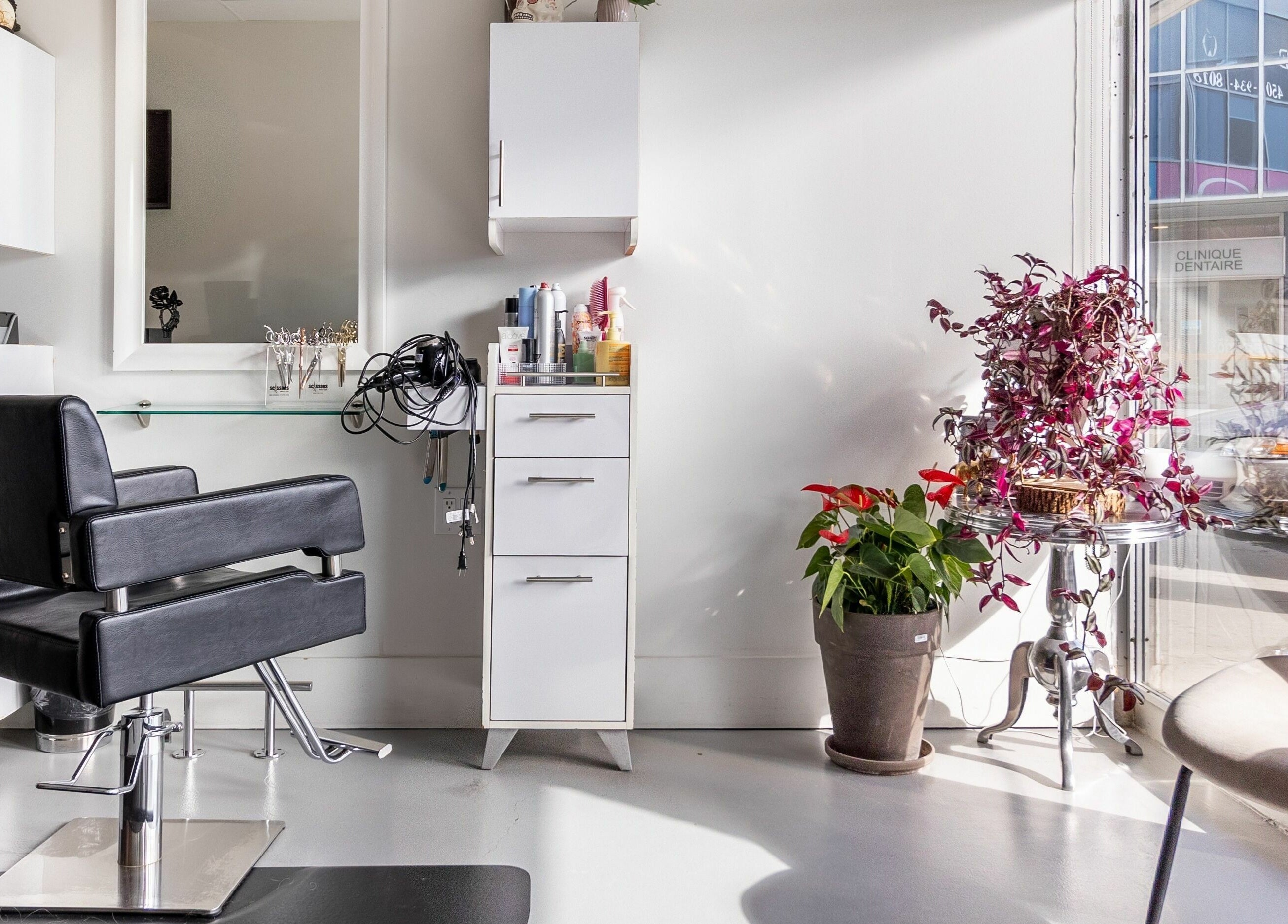 Modern salon chair at Lolo's Salon in Laval, Québec, CA, with vibrant plants and sleek decor.