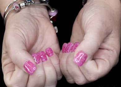 Pink glitter nails beautifully done at Vivi Salon Innaloo, Innaloo, Western Australia, AU.