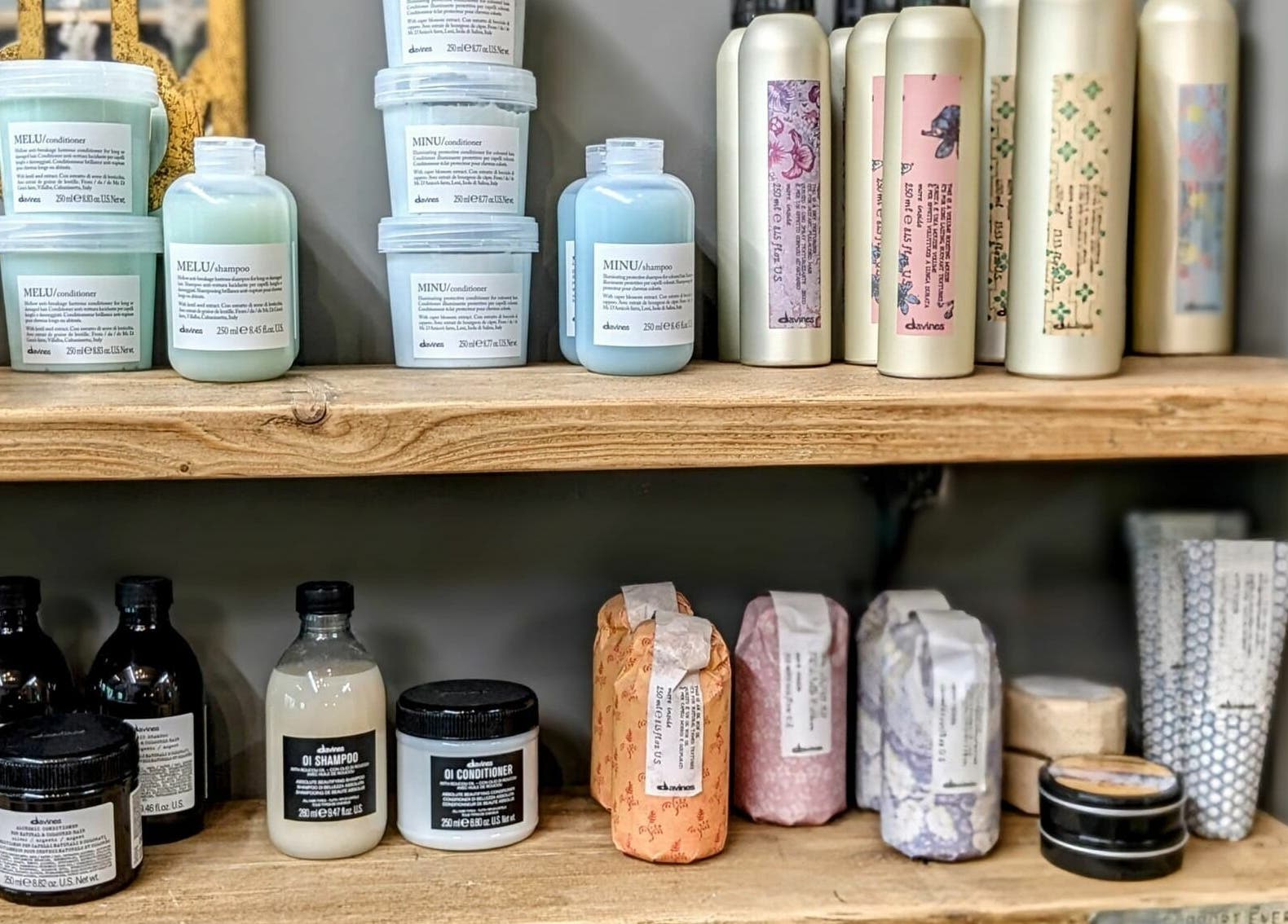 A display of premium hair products at The Mane House, Biddenden, England, GB.